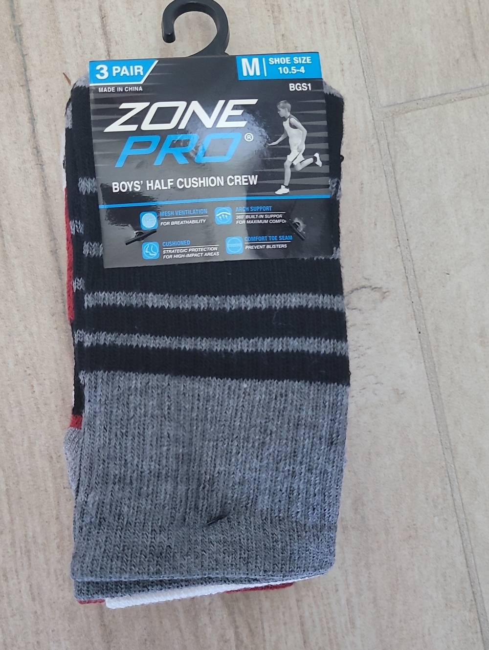 Zone Pro Boys' Half Cushion Crew Socks - Gray, Black, Red (3 Pair)